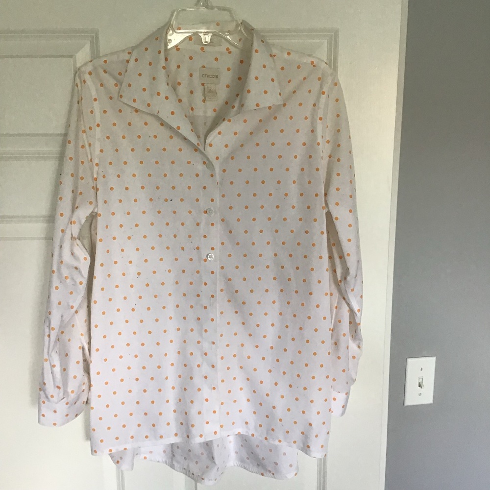 Chico's button up long sleeve tunic blouse white with orange polka dots